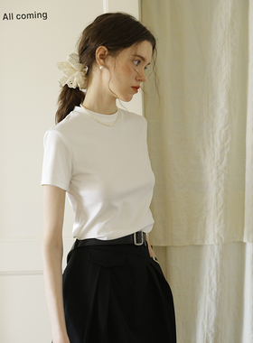 春也白 弹力显瘦简约小高领短袖T恤女百搭修身打底衫夏款正肩上衣