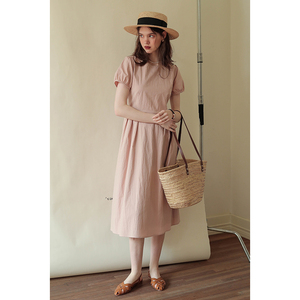 春也白夏季新款法式风圆领泡泡袖短袖连衣裙女复古中长款收腰长裙