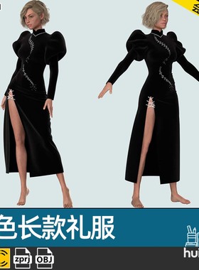 MD素材源文件CLO3D改良旗袍黑色礼服Clo3D服装打版源文件OBJ模型