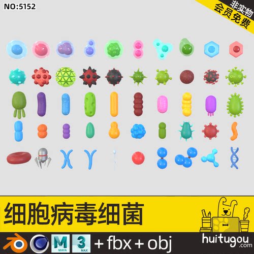 生物学C4D模型3D素材文件Blender病毒细菌FBX红细胞染色体分子OBJ
