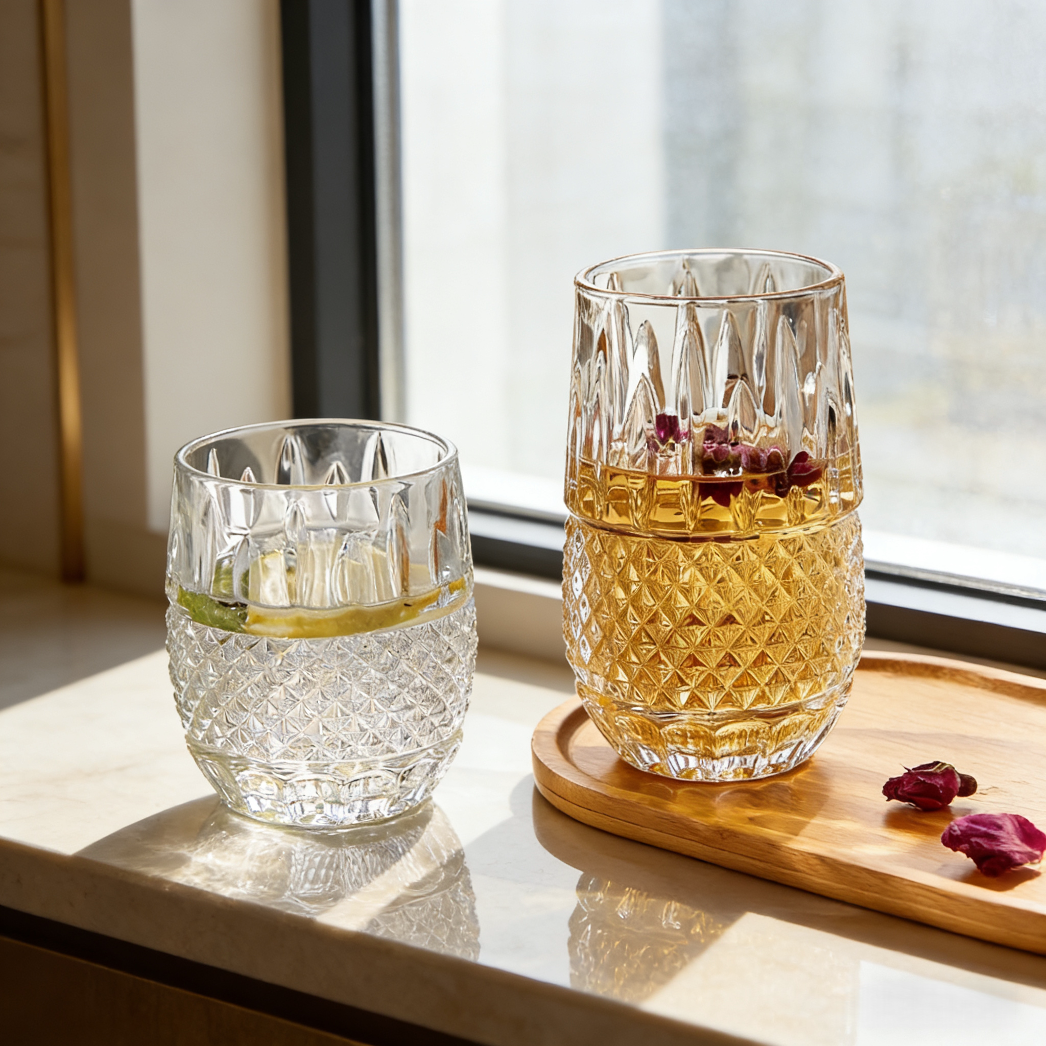 加厚精致玻璃杯威士忌杯家用酒杯刻花纹理透明杯子酒店早餐牛奶杯