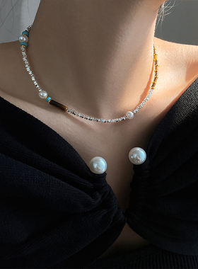 天然绿松石串珠碎银子珍珠项链