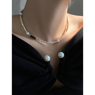 小众设计天然绿松石串珠碎银子珍珠项链女轻奢高级感锁骨链脖颈链