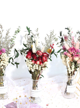 干花花束玫瑰真花雏菊尤加利叶抖音北欧ins家居装饰摆件拍摄道具