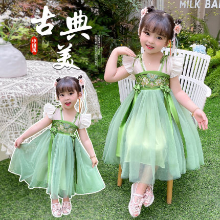 女童夏季清凉绿纱裙时尚荷花汉服洋气公主裙中国风古典舞蹈服合唱