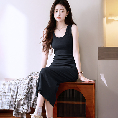 早春黑色纯棉法式吊带新款长裙