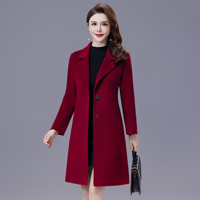 高端大牌酒红色双面呢羊绒大衣女2025新款春秋妈妈装羊毛呢子外套