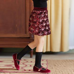 短裙过年加绒短裙 法式 女童半身裙秋冬新款 闪亮珠片裙子小女孩冬季