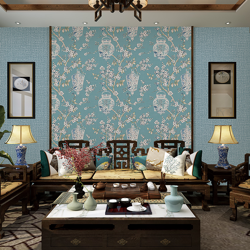 纯纸壁纸新中式无纺布花鸟美式乡村风格卧室餐厅餐馆背景墙墙纸