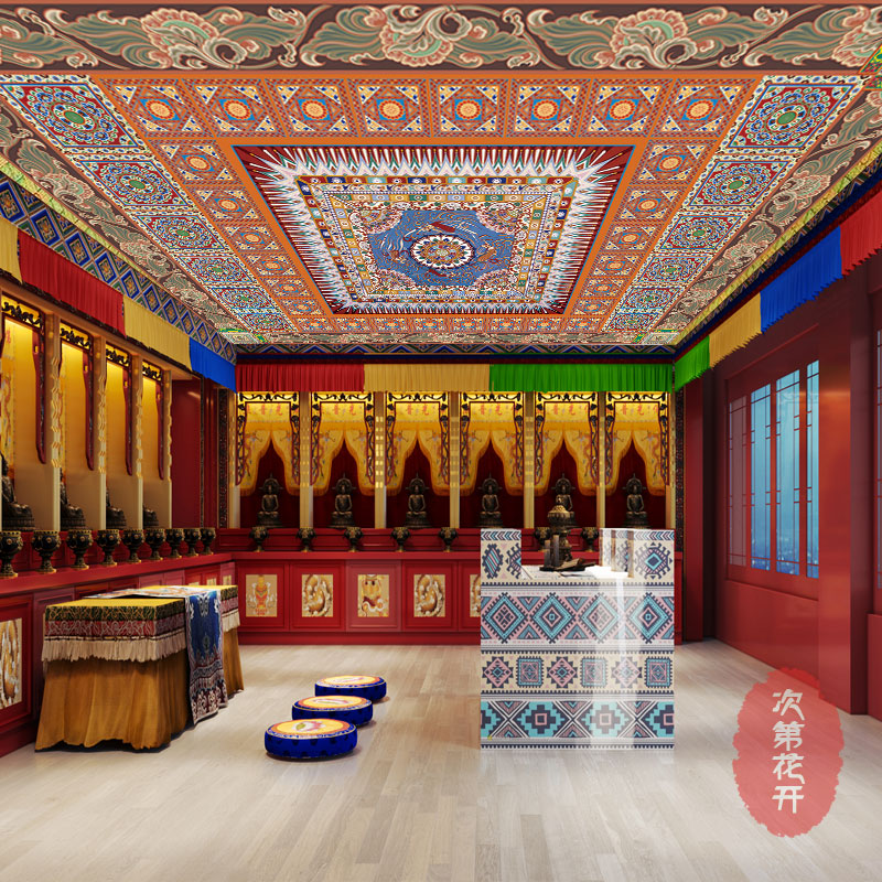 藏式吊顶墙纸花纹酒店唐卡民族风背景壁画天花板壁纸寺庙佛堂墙布