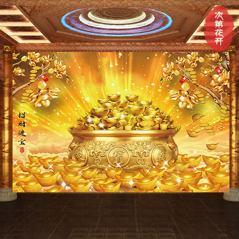 财源广进发财树电视背景墙纸招财进宝金色壁纸客厅沙发玄关壁画布