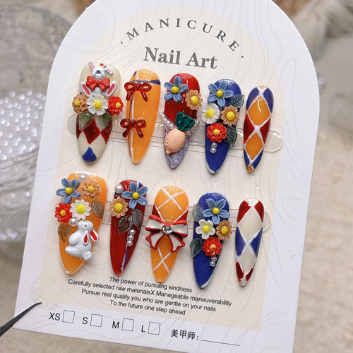 彩色兔子萝卜纯手工穿戴甲卡通可爱2026新年秋冬小众显白短中长款