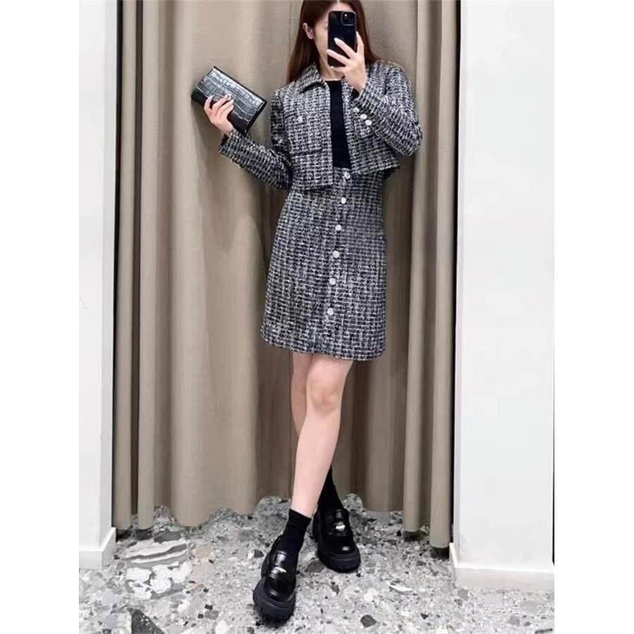 法单M家 24秋冬复古格纹粗花呢两件套修身连衣裙女裙MFPRO03917