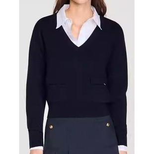 法单S家 2026春夏法式黑色长袖V领纯羊毛衣套头针织衫SFPPU02795