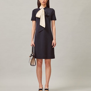 法国小众 TB春夏优雅风蝴蝶系带圆领短袖修身连衣裙知性女裙