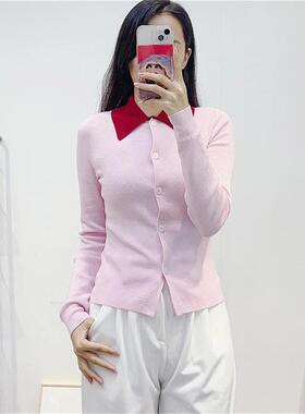 欧美小众 SP2025早秋新款粉红色翻领美丽诺绵羊毛针织上衣