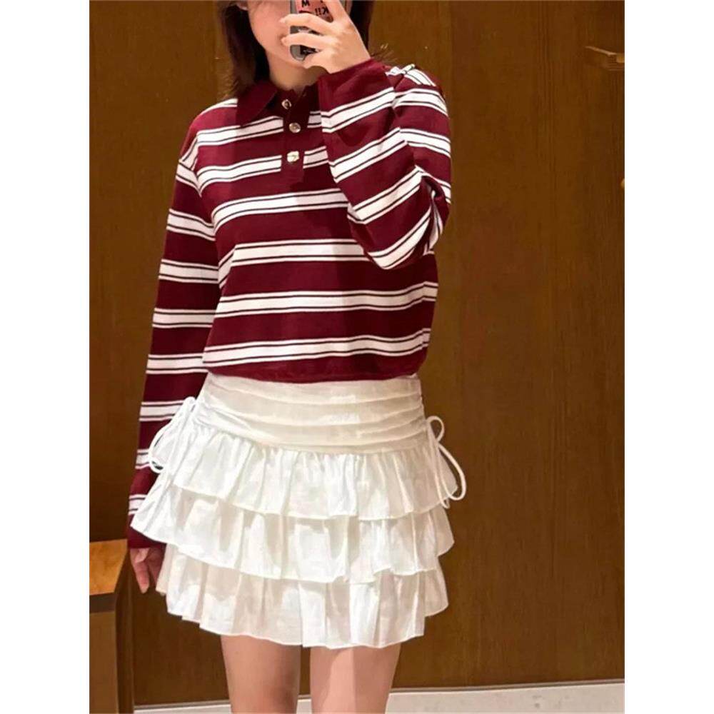 法单S家 2025早秋新款条纹POLO领长袖T恤女上衣减龄百搭打底衫