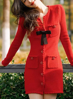 SP家 2023秋冬法式新年红色名媛V领蝴蝶结修身高腰针织连衣裙女