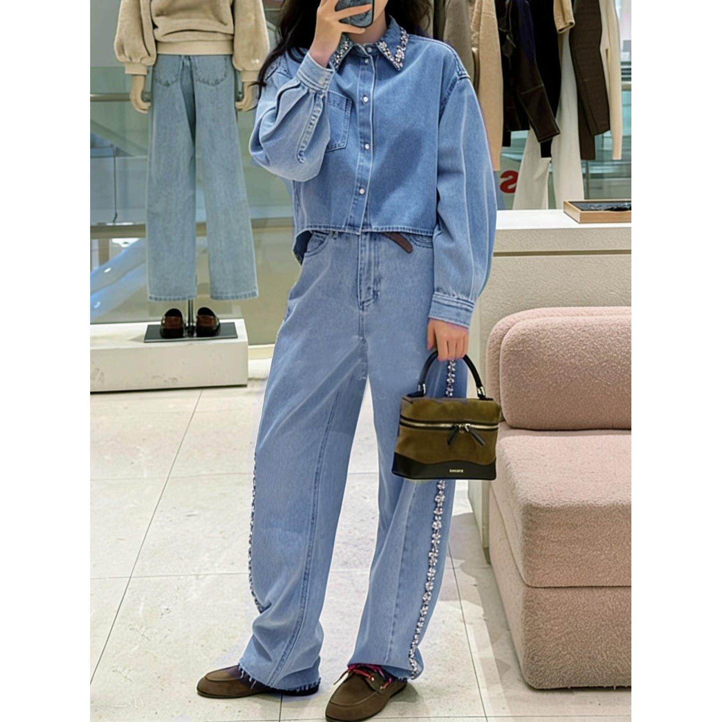 法单S家 26春法式棉质领口钻装饰牛仔衬衫短外套长裤女SFPCM01571,女装/女士精品,短外套,淘宝优惠券,粉丝福利购,淘宝优惠卷