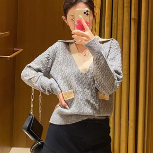 法单S家 2023秋冬法式学院风气质V领撞色绞花毛衣针织衫上衣女