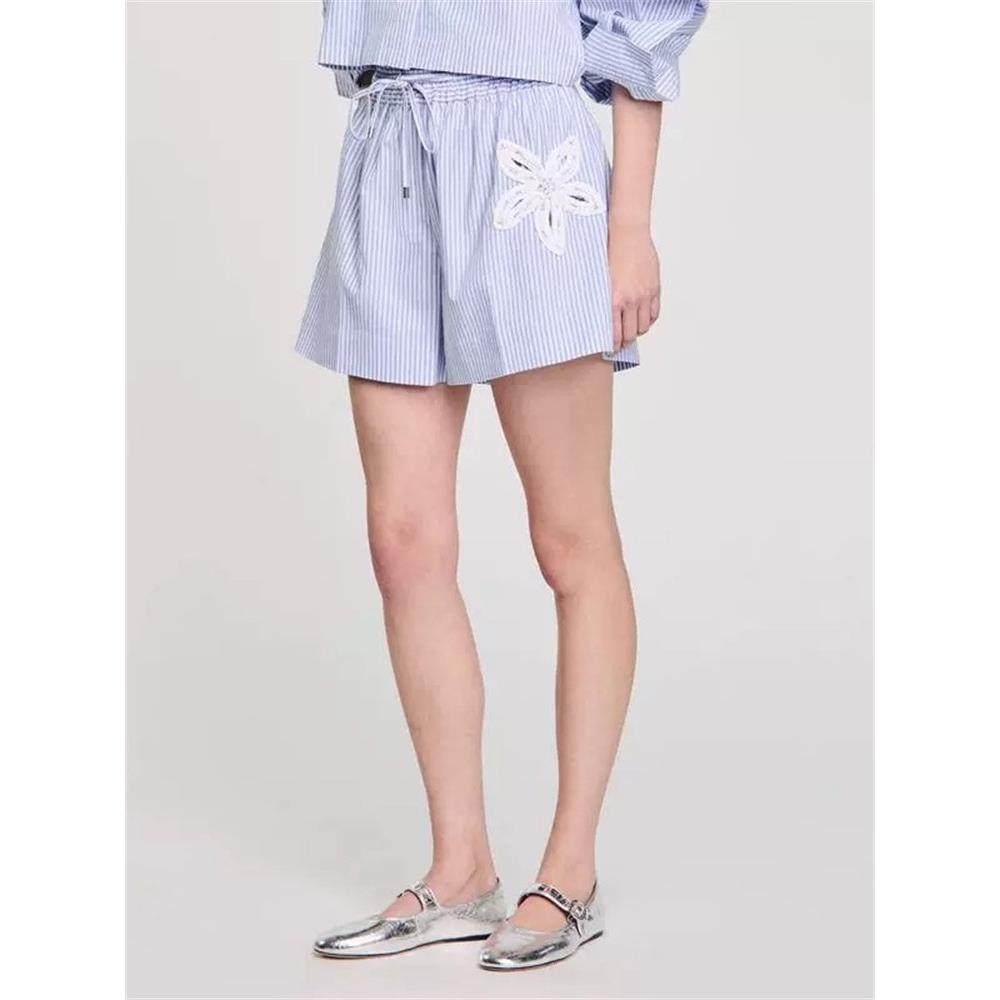 法单S家  2025夏季新款俏皮减龄蓝白条五叶花钻饰镂空系绳女短裤,女装/女士精品,休闲裤,淘宝优惠券,粉丝福利购,淘宝优惠卷