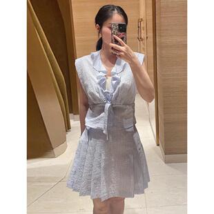 法单S家 夏法式度假风蓝色条纹荷叶边V领衬衫上衣+半身裙套装