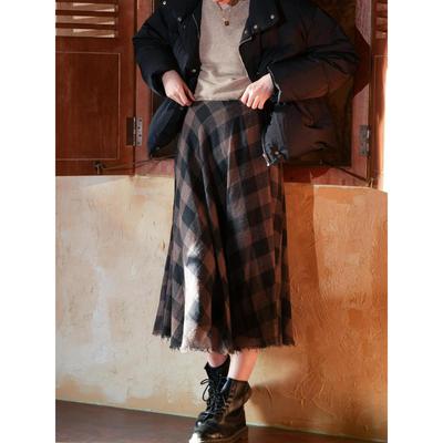 MD25女装法式轻熟大裙摆格纹毛呢半身裙修身棕色A字裙 0520258380