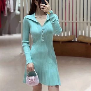 SP家 2024春新款法式优雅精致薄荷绿高腰翻领长袖针织连衣裙短裙