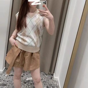 法单M家 2024早秋法式学院风配衬衫菱格纹无袖针织衫马甲背心