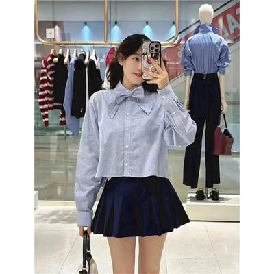 法单S家 秋季休闲法式小清新减龄翻领长袖宽松蝴蝶结格纹衬衫开衫