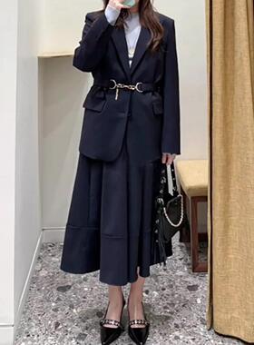 法单M家 26春法式学院风藏青色竖条纹单排扣西装外套+半身裙女