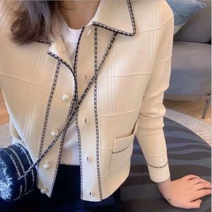 灰灰自制 2022秋季新款格纹花边大珍珠扣针织开衫女名媛风短外套