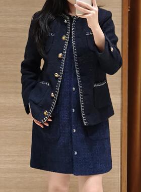 法单S家 2025秋冬新款罗纹立领可拆卸圆领粗花呢多口袋外套女