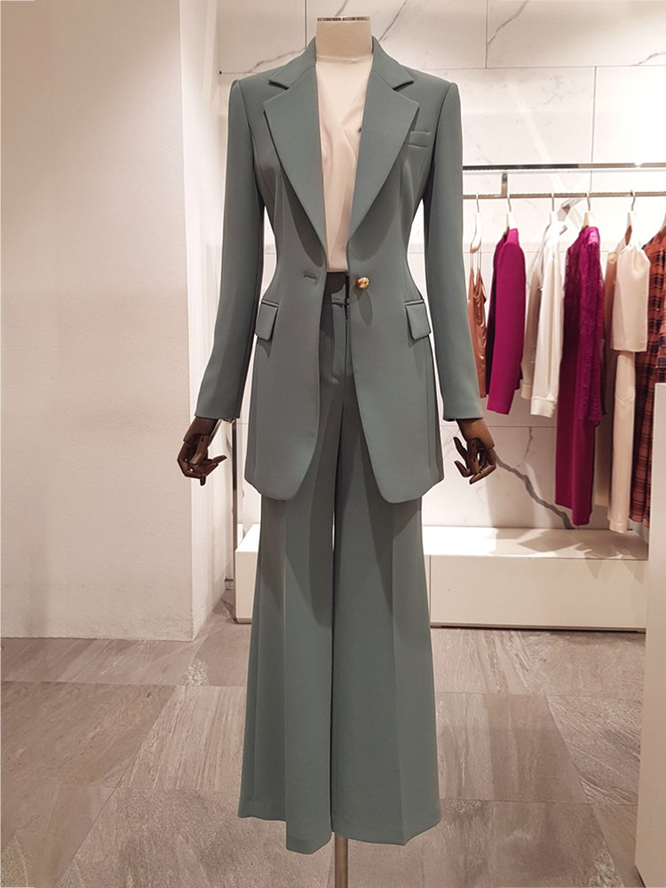 2024 가을 새로운 패션 유행 통근 OL 허리 바지 슬림 피트 원 버튼 블레이저 여성 정장