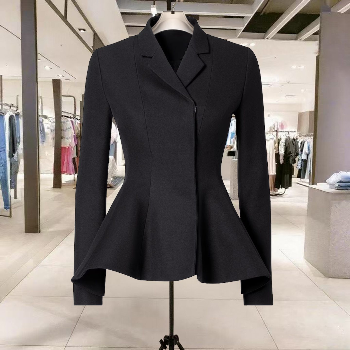 高级设计感收腰黑色裙摆西装外套