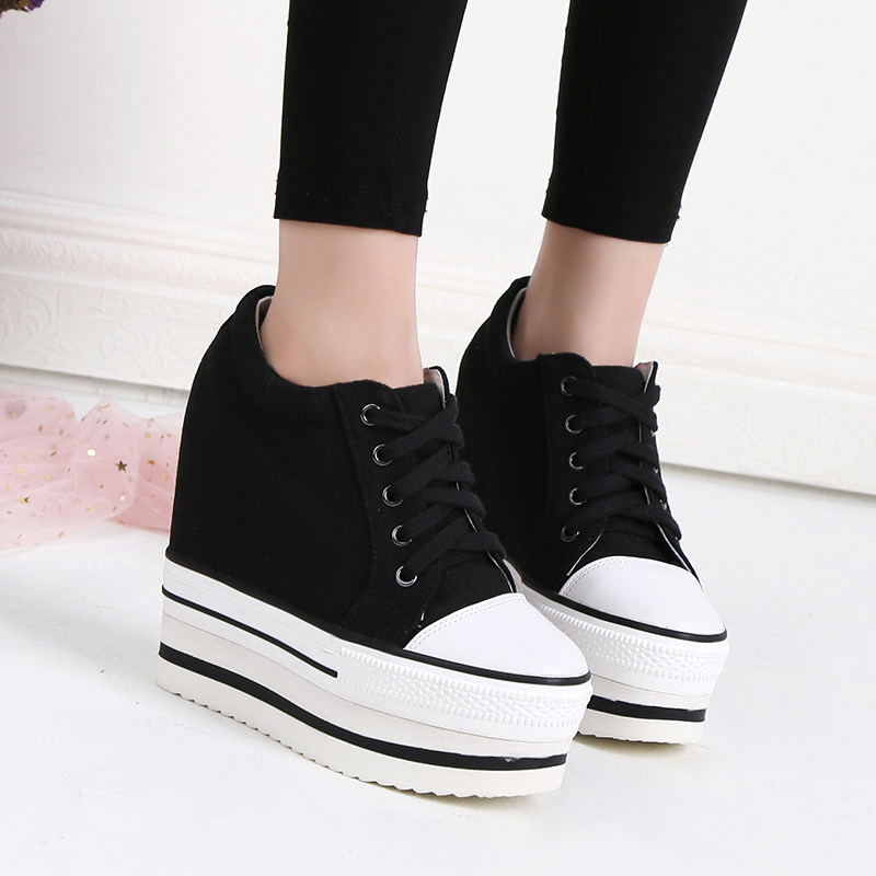 小个子帆布鞋厚底内增高松糕鞋女13cm防水台旅游单鞋坡跟运动布鞋