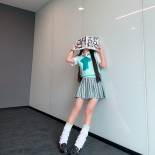 日系jk正版 原创格裙半身百褶短裙套装 校供学院风显白 薄荷拿铁