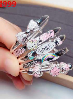 正品香港正生纯银宝宝手镯足银S999彩虹儿童镯子推拉款送满月周岁