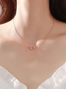 香港正生环环相扣足银s925项链女学生韩版网红闪钻双环网红锁骨链