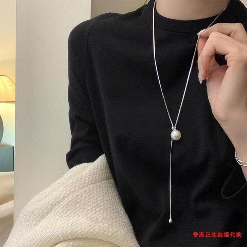 纯银s925新款转运珠项链珍珠毛衣链加长款足银情人节礼物送女朋友