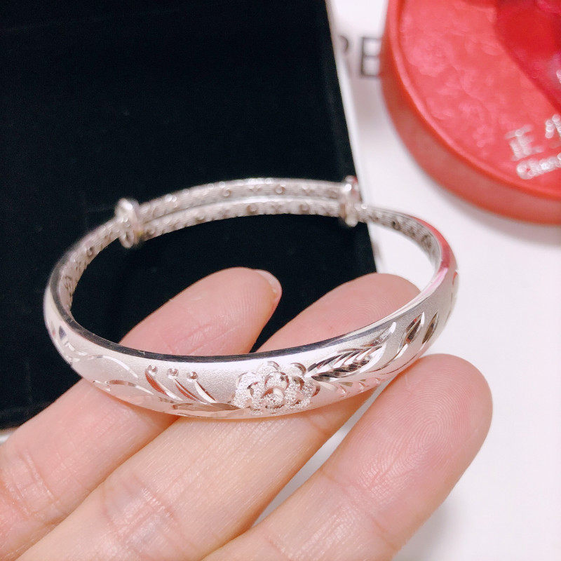 香港正生纯银花开富贵手镯S999实心牡丹花送妈妈镯子母亲抖音同款