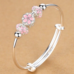 正品香港正生木兰花实心推拉纯银手镯足银999女首饰爆款网红桃花