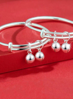 香港正生纯银光面实心男女宝宝铃铛脚手镯足银9999送满月抖音同款