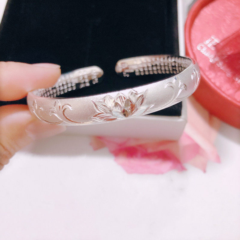 正品香港正生纯银磨砂莲花心经开口手镯足银999母亲节送妈妈婆婆