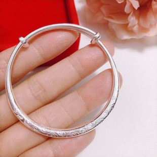 香港正生祥云手镯足银999女光面实心推拉儿童学生纯银镯抖音同款