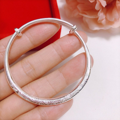 香港正生祥云手镯足银999女光面实心推拉儿童学生纯银镯抖音同款