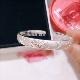 香港正生纯银磨砂莲花心经开口手镯足银999母亲节送妈妈抖音同款