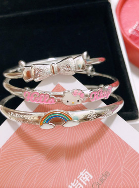 香港正生纯银蝴蝶结抖音kt猫中童手镯足银999婴儿童男女宝宝礼物