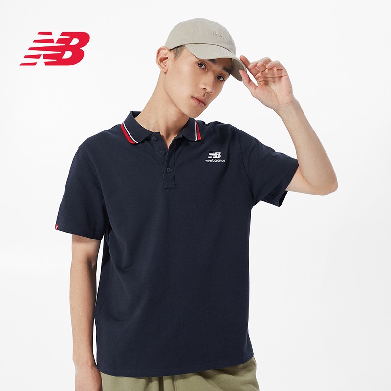 NEW BALANCE 夏季男款翻领针织POLO衫T恤 藏青色AMT01983-ECL