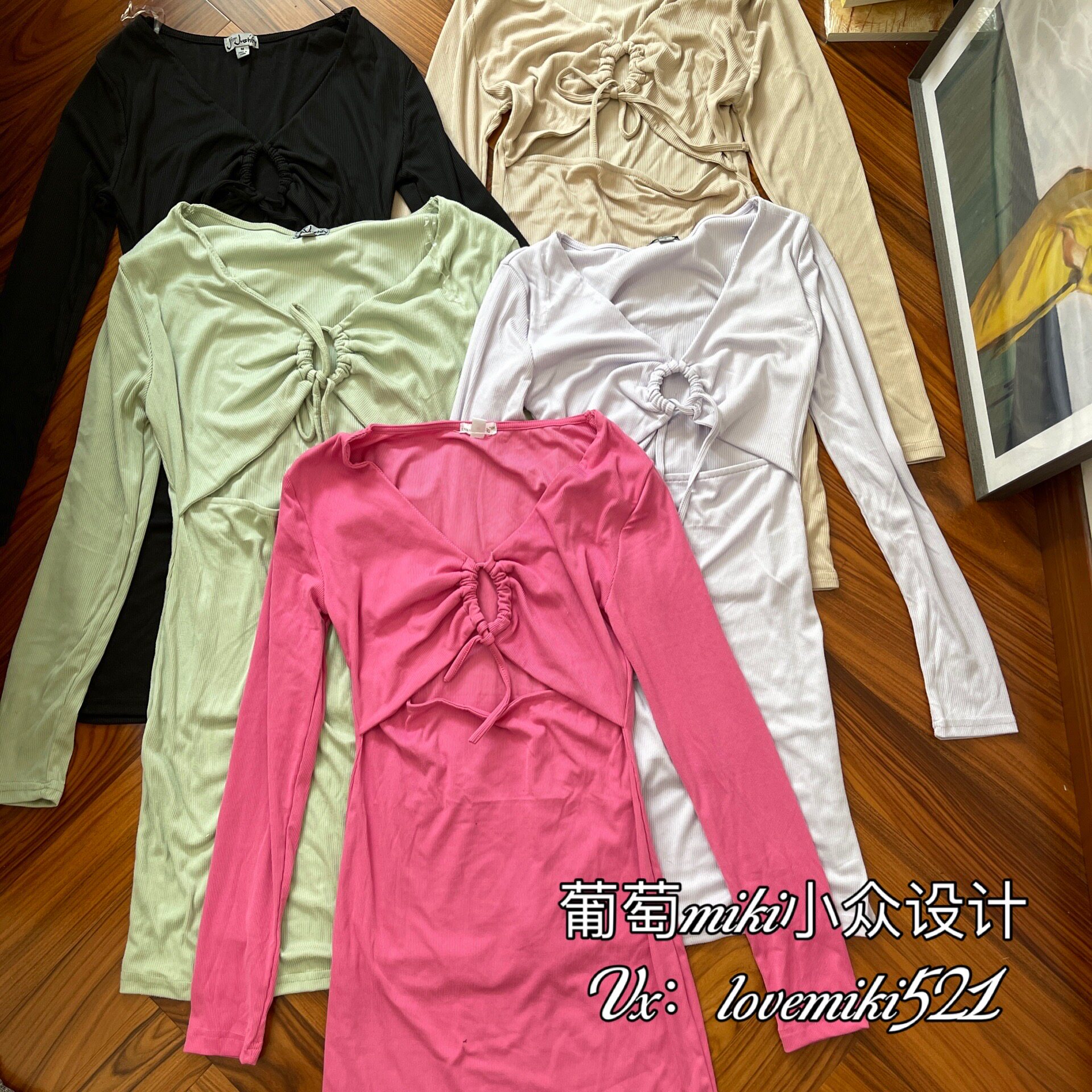 美单人气热销 ins度假风性感纯欲辣妹cut镂空抽绳长袖弹力连衣裙